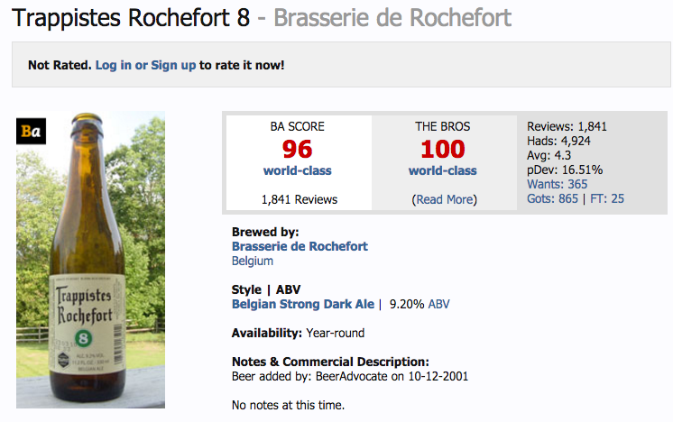 Trappistes Rochefort 8  (Ratebeer: 100pts)