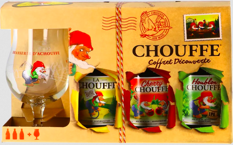 A giftset consisit of 3  highly rated Belgium beer, La Chouffe, Chouffe Houblon IPA and Mc Chouffe, and a signatured tulip beer glass.