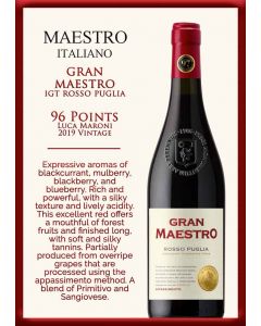 Appassimento Rosso Puglia (Italian ‘Appassimento’  Red Wine)(Luca Maroni: 96 pts)(This wine utilizes a technique called ‘Appassimento’, where the grapes are partially dried)